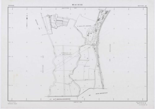 MAISSE, plans minutes de conservation : tableau d'assemblage, 1955, Ech. 1/10000 ; plans des sections AD, AE, AH, AO, AR, 1955, Ech. 1/1000, sections AB, AC, AI, AK, AL, AM, AN, AP, AS, AT, AV, ZA, ZB, ZC, ZD, ZE, ZH, ZI, ZK, ZL, ZM, ZN, ZO, 1955, Ech. 1/