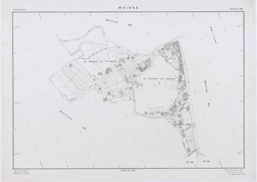 MAISSE, plans minutes de conservation : tableau d'assemblage, 1955, Ech. 1/10000 ; plans des sections AD, AE, AH, AO, AR, 1955, Ech. 1/1000, sections AB, AC, AI, AK, AL, AM, AN, AP, AS, AT, AV, ZA, ZB, ZC, ZD, ZE, ZH, ZI, ZK, ZL, ZM, ZN, ZO, 1955, Ech. 1/