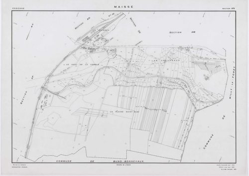 MAISSE, plans minutes de conservation : tableau d'assemblage, 1955, Ech. 1/10000 ; plans des sections AD, AE, AH, AO, AR, 1955, Ech. 1/1000, sections AB, AC, AI, AK, AL, AM, AN, AP, AS, AT, AV, ZA, ZB, ZC, ZD, ZE, ZH, ZI, ZK, ZL, ZM, ZN, ZO, 1955, Ech. 1/