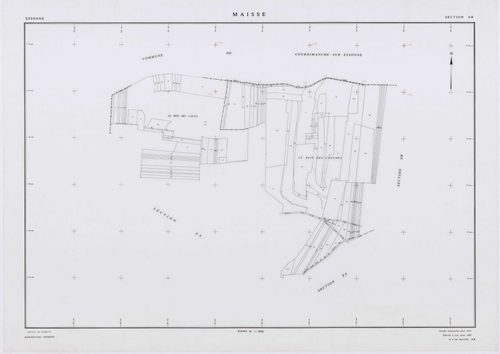 MAISSE, plans minutes de conservation : tableau d'assemblage, 1955, Ech. 1/10000 ; plans des sections AD, AE, AH, AO, AR, 1955, Ech. 1/1000, sections AB, AC, AI, AK, AL, AM, AN, AP, AS, AT, AV, ZA, ZB, ZC, ZD, ZE, ZH, ZI, ZK, ZL, ZM, ZN, ZO, 1955, Ech. 1/