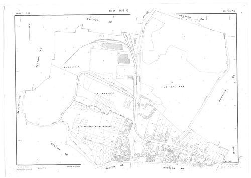 MAISSE. - Cadastre révisé pour 1955 : plan du tableau d'assemblage ; cadastre renouvelé pour 1955 : plans de la section AD, section AE, section AI, section AT, section AV, [6 plans]. 