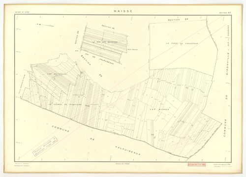 Plans minutes de conservation : MAISSE : tableau d'assemblage n°1, ech. 1/10000 (1955) ; sections AD, AE, AH, AO, AR, ech. 1/1000 (1955), sections AB, AC, AI, AK, AL, AM, AN, AP, AS, AT, AV, ZA, ZB, ZC, ZD, ZE, ZH, ZI, ZK, ZL, ZM, ZN, ech. 1/2000 (1955) ;