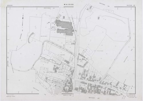 MAISSE, plans minutes de conservation : tableau d'assemblage, 1955, Ech. 1/10000 ; plans des sections AD, AE, AH, AO, AR, 1955, Ech. 1/1000, sections AB, AC, AI, AK, AL, AM, AN, AP, AS, AT, AV, ZA, ZB, ZC, ZD, ZE, ZH, ZI, ZK, ZL, ZM, ZN, ZO, 1955, Ech. 1/