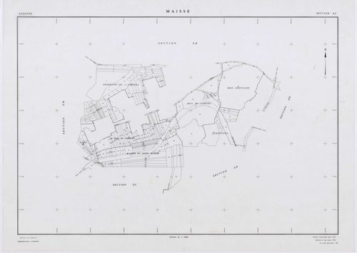 MAISSE, plans minutes de conservation : tableau d'assemblage, 1955, Ech. 1/10000 ; plans des sections AD, AE, AH, AO, AR, 1955, Ech. 1/1000, sections AB, AC, AI, AK, AL, AM, AN, AP, AS, AT, AV, ZA, ZB, ZC, ZD, ZE, ZH, ZI, ZK, ZL, ZM, ZN, ZO, 1955, Ech. 1/