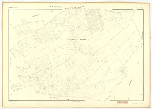 Plans minutes de conservation : MAISSE : tableau d'assemblage n°1, ech. 1/10000 (1955) ; sections AD, AE, AH, AO, AR, ech. 1/1000 (1955), sections AB, AC, AI, AK, AL, AM, AN, AP, AS, AT, AV, ZA, ZB, ZC, ZD, ZE, ZH, ZI, ZK, ZL, ZM, ZN, ech. 1/2000 (1955) ;