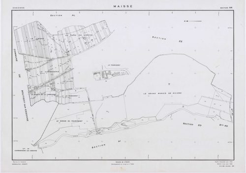 MAISSE, plans minutes de conservation : tableau d'assemblage, 1955, Ech. 1/10000 ; plans des sections AD, AE, AH, AO, AR, 1955, Ech. 1/1000, sections AB, AC, AI, AK, AL, AM, AN, AP, AS, AT, AV, ZA, ZB, ZC, ZD, ZE, ZH, ZI, ZK, ZL, ZM, ZN, ZO, 1955, Ech. 1/