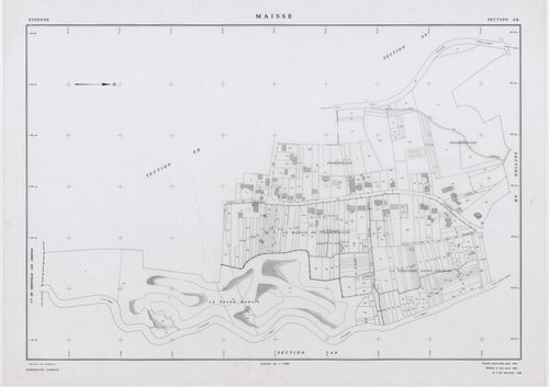 MAISSE, plans minutes de conservation : tableau d'assemblage, 1955, Ech. 1/10000 ; plans des sections AD, AE, AH, AO, AR, 1955, Ech. 1/1000, sections AB, AC, AI, AK, AL, AM, AN, AP, AS, AT, AV, ZA, ZB, ZC, ZD, ZE, ZH, ZI, ZK, ZL, ZM, ZN, ZO, 1955, Ech. 1/