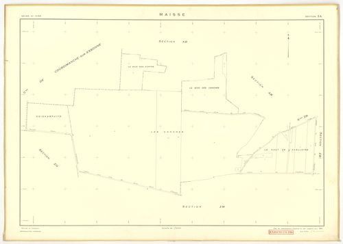 Plans minutes de conservation : MAISSE : tableau d'assemblage n°1, ech. 1/10000 (1955) ; sections AD, AE, AH, AO, AR, ech. 1/1000 (1955), sections AB, AC, AI, AK, AL, AM, AN, AP, AS, AT, AV, ZA, ZB, ZC, ZD, ZE, ZH, ZI, ZK, ZL, ZM, ZN, ech. 1/2000 (1955) ;