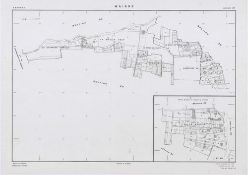 MAISSE, plans minutes de conservation : tableau d'assemblage, 1955, Ech. 1/10000 ; plans des sections AD, AE, AH, AO, AR, 1955, Ech. 1/1000, sections AB, AC, AI, AK, AL, AM, AN, AP, AS, AT, AV, ZA, ZB, ZC, ZD, ZE, ZH, ZI, ZK, ZL, ZM, ZN, ZO, 1955, Ech. 1/