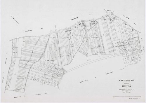 MARCOUSSIS, plans minutes de conservation : tableau d'assemblage,1939, Ech. 1/10000 ; plans des sections A, B, H2, I, K1, K2, 1939, Ech. 1/2500, sections F1, F2, F3, F4, F5, G1, G2, G3, G4, L3, 1939, Ech. 1/1250, sections ZA, ZB, 1980, Ech. 1/2000, AA, AB