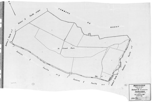 MARCOUSSIS. - Cadastre révisé pour 1939 : plan du tableau d'assemblage, plans de la section A le Bel Ebat, section B le Grand Parc, section C le Village 1ère feuille, idem 2ème feuille, idem 3ème feuille, section D Chouanville 1ère feuille, idem 2ème feui