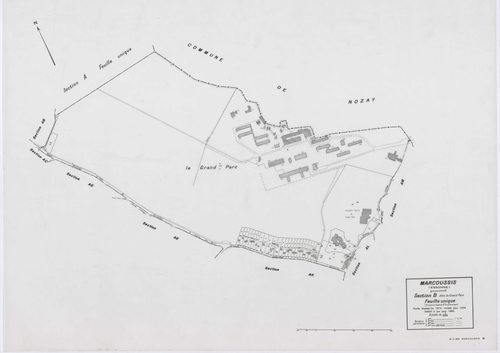 MARCOUSSIS, plans minutes de conservation : tableau d'assemblage,1939, Ech. 1/10000 ; plans des sections A, B, H2, I, K1, K2, 1939, Ech. 1/2500, sections F1, F2, F3, F4, F5, G1, G2, G3, G4, L3, 1939, Ech. 1/1250, sections ZA, ZB, 1980, Ech. 1/2000, AA, AB