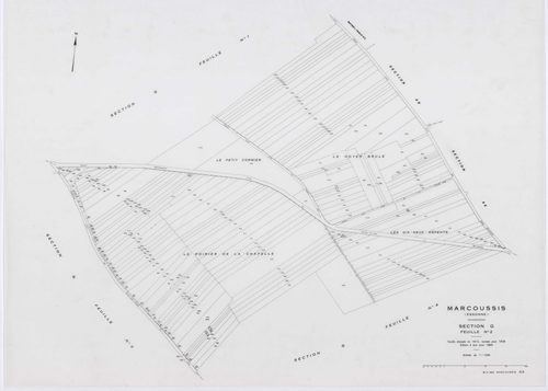 MARCOUSSIS, plans minutes de conservation : tableau d'assemblage,1939, Ech. 1/10000 ; plans des sections A, B, H2, I, K1, K2, 1939, Ech. 1/2500, sections F1, F2, F3, F4, F5, G1, G2, G3, G4, L3, 1939, Ech. 1/1250, sections ZA, ZB, 1980, Ech. 1/2000, AA, AB