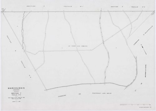 MARCOUSSIS, plans minutes de conservation : tableau d'assemblage,1939, Ech. 1/10000 ; plans des sections A, B, H2, I, K1, K2, 1939, Ech. 1/2500, sections F1, F2, F3, F4, F5, G1, G2, G3, G4, L3, 1939, Ech. 1/1250, sections ZA, ZB, 1980, Ech. 1/2000, AA, AB
