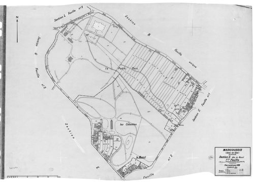 MARCOUSSIS. - Cadastre révisé pour 1939 : plan du tableau d'assemblage, plans de la section A le Bel Ebat, section B le Grand Parc, section C le Village 1ère feuille, idem 2ème feuille, idem 3ème feuille, section D Chouanville 1ère feuille, idem 2ème feui