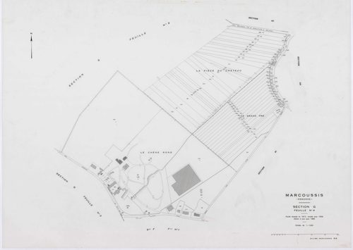 MARCOUSSIS, plans minutes de conservation : tableau d'assemblage,1939, Ech. 1/10000 ; plans des sections A, B, H2, I, K1, K2, 1939, Ech. 1/2500, sections F1, F2, F3, F4, F5, G1, G2, G3, G4, L3, 1939, Ech. 1/1250, sections ZA, ZB, 1980, Ech. 1/2000, AA, AB