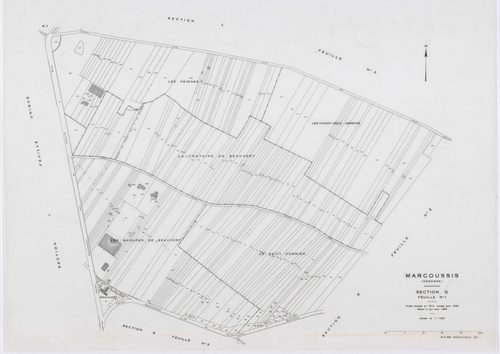 MARCOUSSIS, plans minutes de conservation : tableau d'assemblage,1939, Ech. 1/10000 ; plans des sections A, B, H2, I, K1, K2, 1939, Ech. 1/2500, sections F1, F2, F3, F4, F5, G1, G2, G3, G4, L3, 1939, Ech. 1/1250, sections ZA, ZB, 1980, Ech. 1/2000, AA, AB