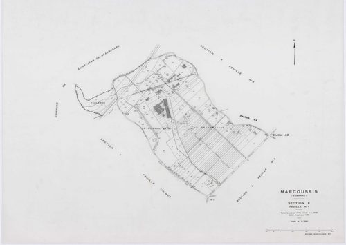 MARCOUSSIS, plans minutes de conservation : tableau d'assemblage,1939, Ech. 1/10000 ; plans des sections A, B, H2, I, K1, K2, 1939, Ech. 1/2500, sections F1, F2, F3, F4, F5, G1, G2, G3, G4, L3, 1939, Ech. 1/1250, sections ZA, ZB, 1980, Ech. 1/2000, AA, AB
