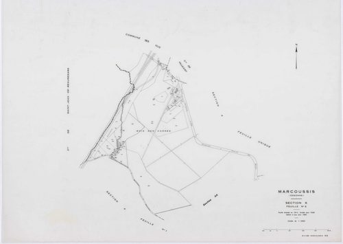 MARCOUSSIS, plans minutes de conservation : tableau d'assemblage,1939, Ech. 1/10000 ; plans des sections A, B, H2, I, K1, K2, 1939, Ech. 1/2500, sections F1, F2, F3, F4, F5, G1, G2, G3, G4, L3, 1939, Ech. 1/1250, sections ZA, ZB, 1980, Ech. 1/2000, AA, AB