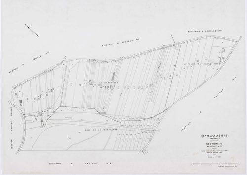 MARCOUSSIS, plans minutes de conservation : tableau d'assemblage,1939, Ech. 1/10000 ; plans des sections A, B, H2, I, K1, K2, 1939, Ech. 1/2500, sections F1, F2, F3, F4, F5, G1, G2, G3, G4, L3, 1939, Ech. 1/1250, sections ZA, ZB, 1980, Ech. 1/2000, AA, AB