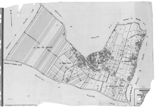 MARCOUSSIS. - Cadastre révisé pour 1939 : plan du tableau d'assemblage, plans de la section A le Bel Ebat, section B le Grand Parc, section C le Village 1ère feuille, idem 2ème feuille, idem 3ème feuille, section D Chouanville 1ère feuille, idem 2ème feui