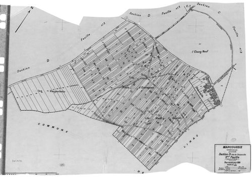 MARCOUSSIS. - Cadastre révisé pour 1939 : plan du tableau d'assemblage, plans de la section A le Bel Ebat, section B le Grand Parc, section C le Village 1ère feuille, idem 2ème feuille, idem 3ème feuille, section D Chouanville 1ère feuille, idem 2ème feui
