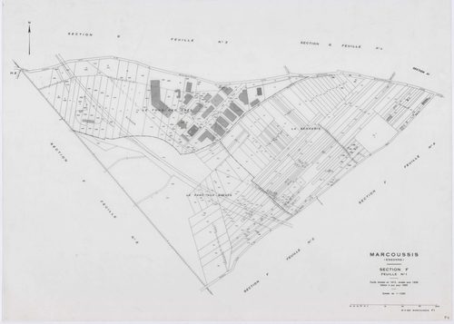 MARCOUSSIS, plans minutes de conservation : tableau d'assemblage,1939, Ech. 1/10000 ; plans des sections A, B, H2, I, K1, K2, 1939, Ech. 1/2500, sections F1, F2, F3, F4, F5, G1, G2, G3, G4, L3, 1939, Ech. 1/1250, sections ZA, ZB, 1980, Ech. 1/2000, AA, AB