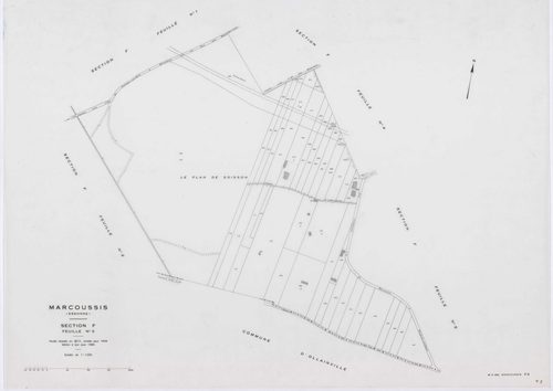 MARCOUSSIS, plans minutes de conservation : tableau d'assemblage,1939, Ech. 1/10000 ; plans des sections A, B, H2, I, K1, K2, 1939, Ech. 1/2500, sections F1, F2, F3, F4, F5, G1, G2, G3, G4, L3, 1939, Ech. 1/1250, sections ZA, ZB, 1980, Ech. 1/2000, AA, AB