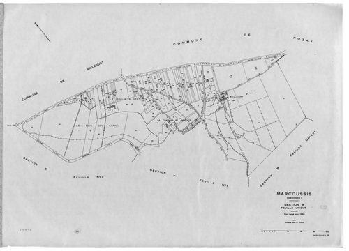 MARCOUSSIS. - Cadastre révisé pour 1939 : plan du tableau d'assemblage, plans de la section A le Bel Ebat, section B le Grand Parc, section C le Village 1ère feuille, idem 2ème feuille, idem 3ème feuille, section D Chouanville 1ère feuille, idem 2ème feui