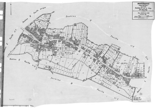 MARCOUSSIS. - Cadastre révisé pour 1939 : plan du tableau d'assemblage, plans de la section A le Bel Ebat, section B le Grand Parc, section C le Village 1ère feuille, idem 2ème feuille, idem 3ème feuille, section D Chouanville 1ère feuille, idem 2ème feui