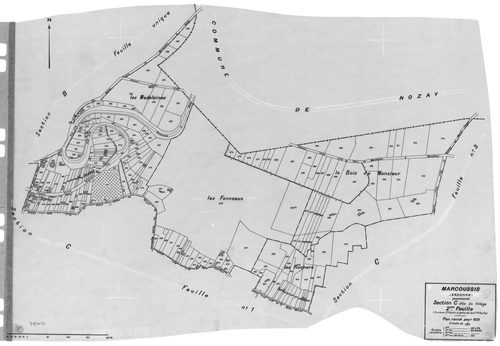 MARCOUSSIS. - Cadastre révisé pour 1939 : plan du tableau d'assemblage, plans de la section A le Bel Ebat, section B le Grand Parc, section C le Village 1ère feuille, idem 2ème feuille, idem 3ème feuille, section D Chouanville 1ère feuille, idem 2ème feui