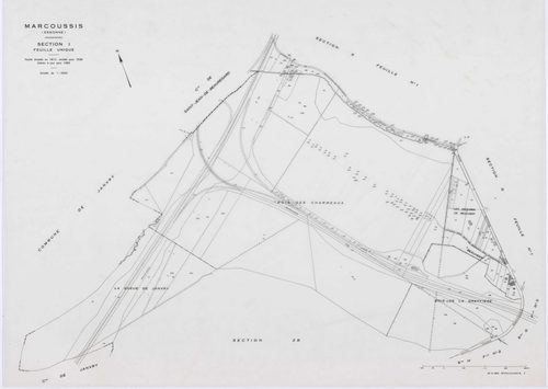 MARCOUSSIS, plans minutes de conservation : tableau d'assemblage,1939, Ech. 1/10000 ; plans des sections A, B, H2, I, K1, K2, 1939, Ech. 1/2500, sections F1, F2, F3, F4, F5, G1, G2, G3, G4, L3, 1939, Ech. 1/1250, sections ZA, ZB, 1980, Ech. 1/2000, AA, AB