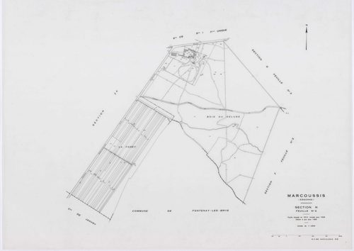 MARCOUSSIS, plans minutes de conservation : tableau d'assemblage,1939, Ech. 1/10000 ; plans des sections A, B, H2, I, K1, K2, 1939, Ech. 1/2500, sections F1, F2, F3, F4, F5, G1, G2, G3, G4, L3, 1939, Ech. 1/1250, sections ZA, ZB, 1980, Ech. 1/2000, AA, AB