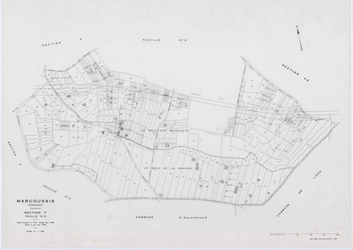 MARCOUSSIS, plans minutes de conservation : tableau d'assemblage,1939, Ech. 1/10000 ; plans des sections A, B, H2, I, K1, K2, 1939, Ech. 1/2500, sections F1, F2, F3, F4, F5, G1, G2, G3, G4, L3, 1939, Ech. 1/1250, sections ZA, ZB, 1980, Ech. 1/2000, AA, AB