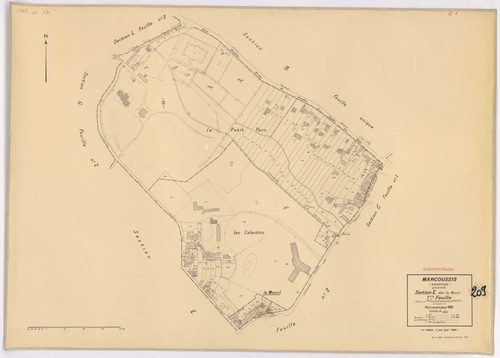 MARCOUSSIS. - Plan révisé pour 1939 : plans du tableau d'assemblage ; plan révisé pour 1939, à jour pour 1976 : plan du tableau d'assemblage ; plan révisé pour 1939, à jour pour 1980 (3ème, 4ème édition) : plans des sections A, B dite du Grand parc, C dit