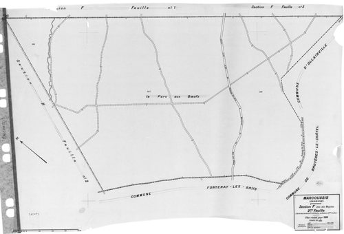 MARCOUSSIS. - Cadastre révisé pour 1939 : plan du tableau d'assemblage, plans de la section A le Bel Ebat, section B le Grand Parc, section C le Village 1ère feuille, idem 2ème feuille, idem 3ème feuille, section D Chouanville 1ère feuille, idem 2ème feui
