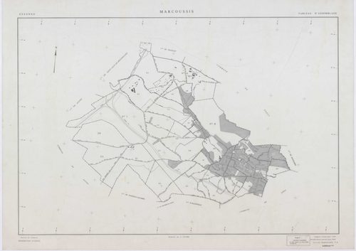 MARCOUSSIS, plans minutes de conservation : tableau d'assemblage,1939, Ech. 1/10000 ; plans des sections A, B, H2, I, K1, K2, 1939, Ech. 1/2500, sections F1, F2, F3, F4, F5, G1, G2, G3, G4, L3, 1939, Ech. 1/1250, sections ZA, ZB, 1980, Ech. 1/2000, AA, AB