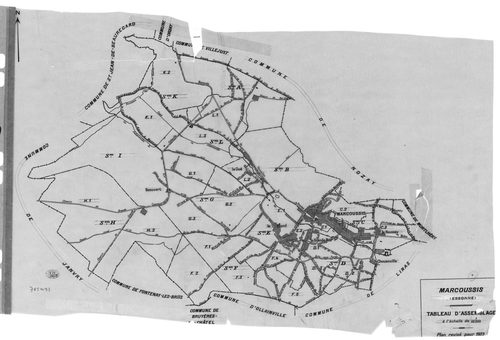 MARCOUSSIS. - Cadastre révisé pour 1939 : plan du tableau d'assemblage, plans de la section A le Bel Ebat, section B le Grand Parc, section C le Village 1ère feuille, idem 2ème feuille, idem 3ème feuille, section D Chouanville 1ère feuille, idem 2ème feui