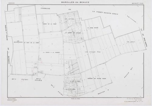MAROLLES-EN-BEAUCE, plans minutes de conservation : tableau d'assemblage, 1953, Ech. 1/5000 ; plans des sections X1, Y1, Y2, Z1, 1953, Ech. 1/2000, section Z2, 1953, Ech. 1/1000, section ZA, 1998, Ech. 1/2000. Polyester. N et B. Dim. 105 x 80 cm [7 plans]