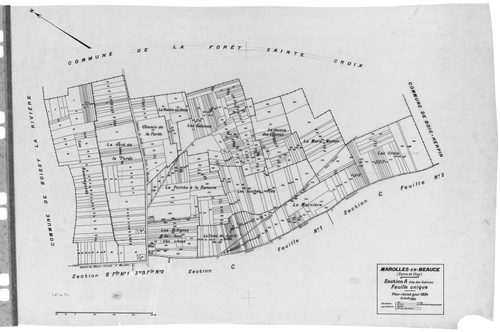 MAROLLES-EN-BEAUCE. - Cadastre révisé pour 1934 : plan du tableau d'assemblage , plans de la section A les Gatines, section B le Village 1ère feuille, idem 2ème feuille, section C les Vignes 1ère feuille, idem 2ème feuille, [6 plans]. 