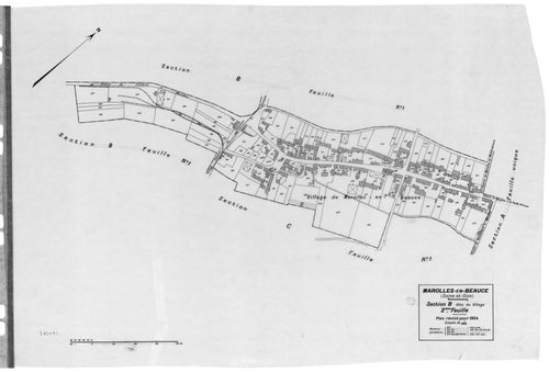 MAROLLES-EN-BEAUCE. - Cadastre révisé pour 1934 : plan du tableau d'assemblage , plans de la section A les Gatines, section B le Village 1ère feuille, idem 2ème feuille, section C les Vignes 1ère feuille, idem 2ème feuille, [6 plans]. 