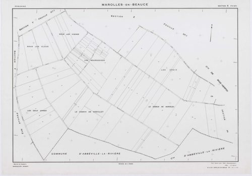MAROLLES-EN-BEAUCE, plans minutes de conservation : tableau d'assemblage, 1953, Ech. 1/5000 ; plans des sections X1, Y1, Y2, Z1, 1953, Ech. 1/2000, section Z2, 1953, Ech. 1/1000, section ZA, 1998, Ech. 1/2000. Polyester. N et B. Dim. 105 x 80 cm [7 plans]