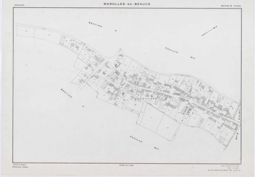 MAROLLES-EN-BEAUCE, plans minutes de conservation : tableau d'assemblage, 1953, Ech. 1/5000 ; plans des sections X1, Y1, Y2, Z1, 1953, Ech. 1/2000, section Z2, 1953, Ech. 1/1000, section ZA, 1998, Ech. 1/2000. Polyester. N et B. Dim. 105 x 80 cm [7 plans]