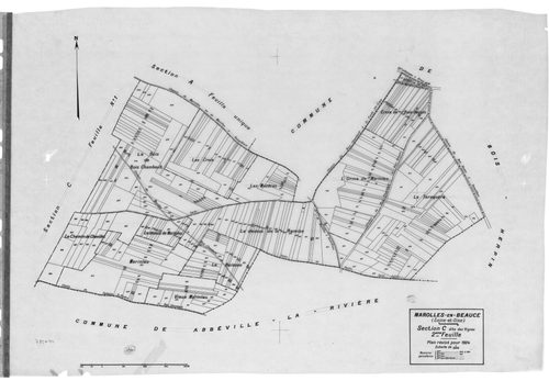 MAROLLES-EN-BEAUCE. - Cadastre révisé pour 1934 : plan du tableau d'assemblage , plans de la section A les Gatines, section B le Village 1ère feuille, idem 2ème feuille, section C les Vignes 1ère feuille, idem 2ème feuille, [6 plans]. 