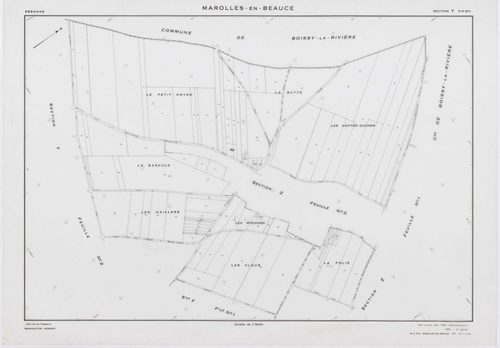 MAROLLES-EN-BEAUCE, plans minutes de conservation : tableau d'assemblage, 1953, Ech. 1/5000 ; plans des sections X1, Y1, Y2, Z1, 1953, Ech. 1/2000, section Z2, 1953, Ech. 1/1000, section ZA, 1998, Ech. 1/2000. Polyester. N et B. Dim. 105 x 80 cm [7 plans]