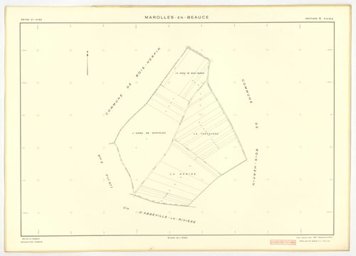 Plans minutes de conservation : MAROLLES-EN-BEAUCE : tableau d'assemblage, ech. 1/5000 (1953), section X2, ech. 1/2000 (1953), section Z2, ech. 1/1000 (1953), sections X1, Y1, Y2, Z1, ech. 1/2000 (1953-2007), NB, papier, 105x80 [7 plans]. 