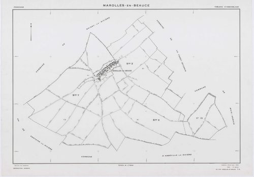 MAROLLES-EN-BEAUCE, plans minutes de conservation : tableau d'assemblage, 1953, Ech. 1/5000 ; plans des sections X1, Y1, Y2, Z1, 1953, Ech. 1/2000, section Z2, 1953, Ech. 1/1000, section ZA, 1998, Ech. 1/2000. Polyester. N et B. Dim. 105 x 80 cm [7 plans]