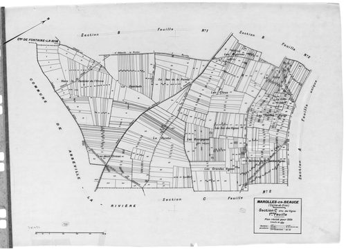 MAROLLES-EN-BEAUCE. - Cadastre révisé pour 1934 : plan du tableau d'assemblage , plans de la section A les Gatines, section B le Village 1ère feuille, idem 2ème feuille, section C les Vignes 1ère feuille, idem 2ème feuille, [6 plans]. 