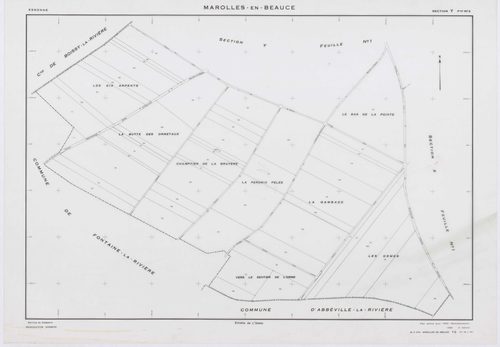 MAROLLES-EN-BEAUCE, plans minutes de conservation : tableau d'assemblage, 1953, Ech. 1/5000 ; plans des sections X1, Y1, Y2, Z1, 1953, Ech. 1/2000, section Z2, 1953, Ech. 1/1000, section ZA, 1998, Ech. 1/2000. Polyester. N et B. Dim. 105 x 80 cm [7 plans]