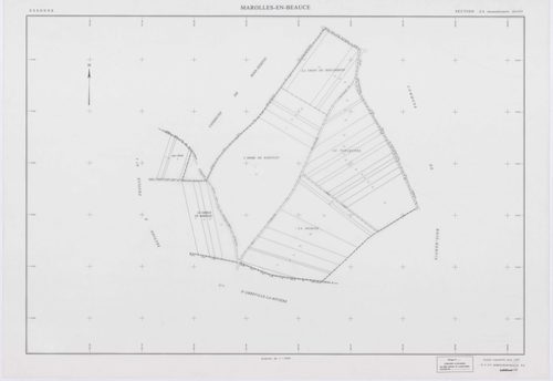 MAROLLES-EN-BEAUCE, plans minutes de conservation : tableau d'assemblage, 1953, Ech. 1/5000 ; plans des sections X1, Y1, Y2, Z1, 1953, Ech. 1/2000, section Z2, 1953, Ech. 1/1000, section ZA, 1998, Ech. 1/2000. Polyester. N et B. Dim. 105 x 80 cm [7 plans]